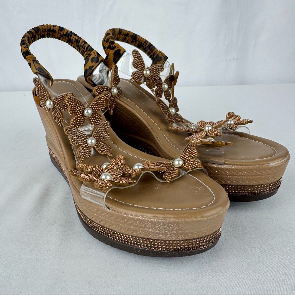 TEMU Branded Tan Wedges with Butterfly Straps